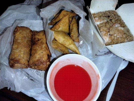 Shrimp egg rolls Crab wonton with sweet & sour sauce Shrimp fried rice