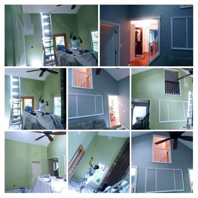 Before and after pics of a room we painted in Burlington, NJ. We painted a grey over a green ceilings and trim were white.