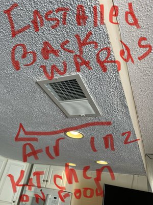 Kitchen vent put in backwards blowing directly on food & luvers do not close.