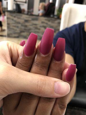 FRESH SET OF COFFIN SHAPED ACRYLIC NAILS WITH A GEL COLOR OVER BUFFED OUT MATTE BY NAIL TECH : RIN