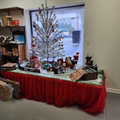 Our old-fashioned, Christmas window display with working train.