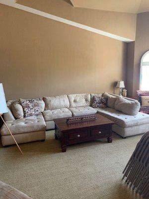 My newly cleaned camel colored sofa that wasn't camel colored before cleaning!!