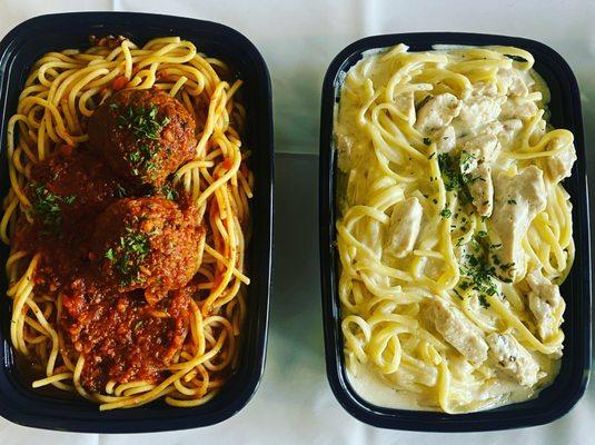 Chicken Alfredo and spaghetti with meatballs