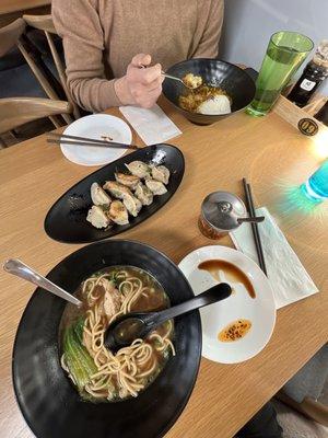 Pan fried potstickers. Chicken Noodle Soup. + something else my husband had