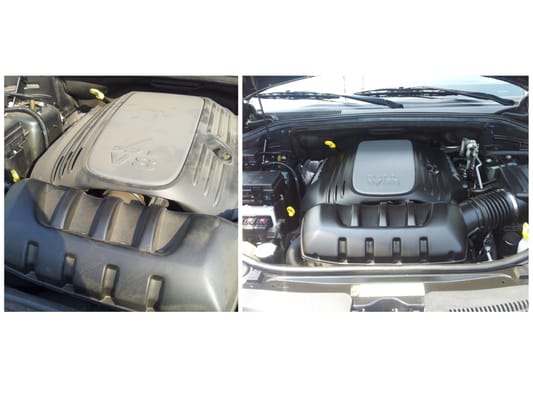 Before and after our engine compartment detail. Included with every job