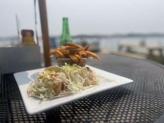 Beer, Shrimp tacos, and a serene view.