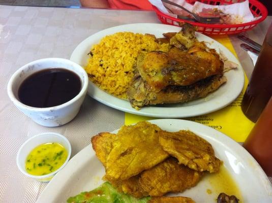 Large portions. Baked chicken was fall off the bone tender and tasty. Tostones were cooked just right. Arroz con gandules.