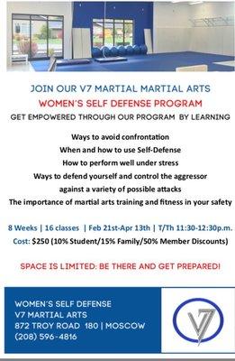 Join our Women's Self-Defense course... The perfect way to spend your lunch hour! 8 weeks, 16 classes... Be there and get prepared!