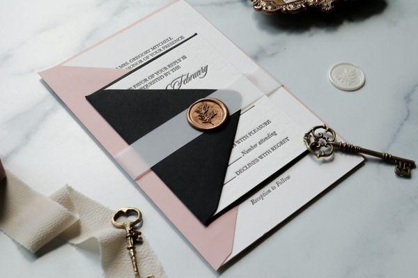 Letterpress Invitation Suite with Wax Seals by KSH Creations.