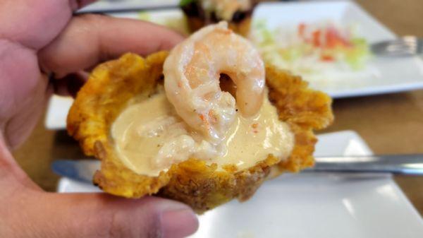 Close up of shrimp tostones