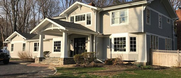 Huntington Facelift/overhaul includes porch, windows, doors, lg overhangs w/ stained cedar siding