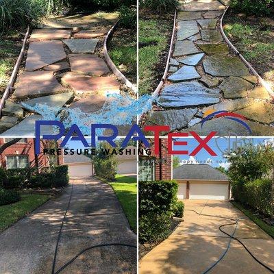 Stone walkway and driveway cleaned to remove the algae and mildew buildup.