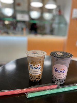 Brown sugar milk tea and taro milk tea