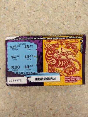 Year Of The Tiger Lottery ticket, bought only 1 and won $4 on Chinese New Year Day. February 1 , 2022