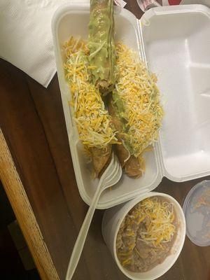 Chicken 3 Rolled Tacos with Guacamole and Cheese, Beans