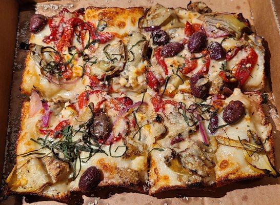 Get Him to the Greek w/ artichoke hearts, kalamata olives, red onions, peppers, feta.