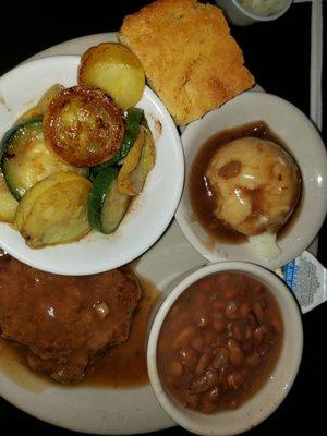 Salisbury Steak, Mashed Potatoes, Pinto Beans, Zucchini & Squash. All under $10.00