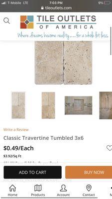 The advertised price of the tile on their website