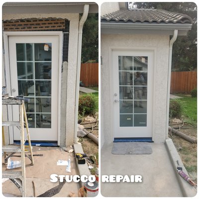 Customer installed a new door we repaired and match the stucco