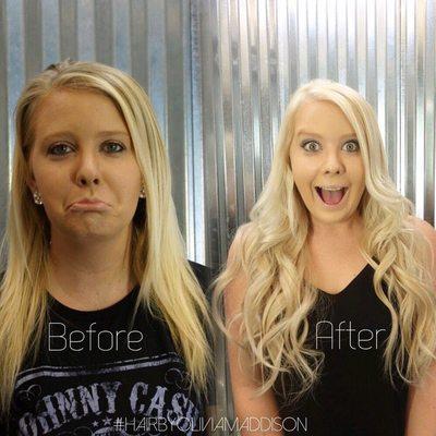 Before and after hair color and extensions for Brittany by Olivia!