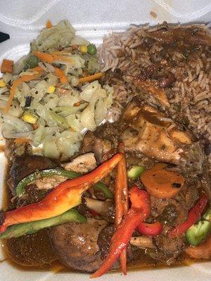 Brown Stew Chicken, rice & peas, cabbage.