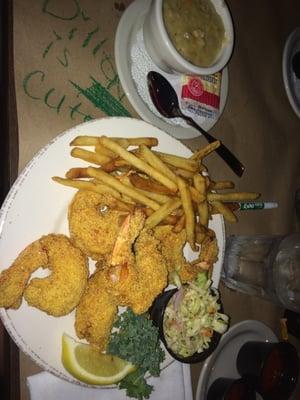 "Clam Chowder" and breaded shrimp! fries were blah.