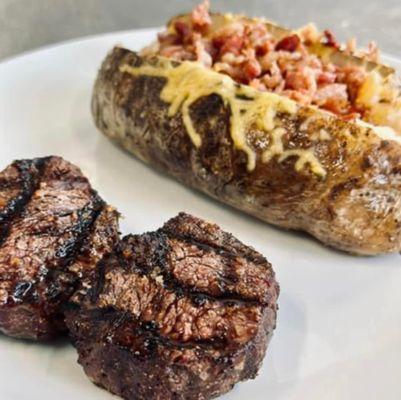 Filet medallions and loaded baked potato