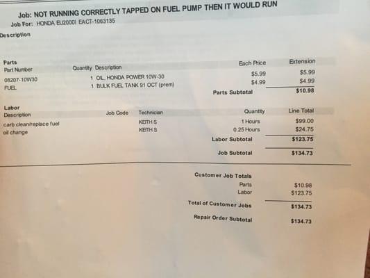 Bill of Pure Hondas outrageously greedy labor fees given without any notice.