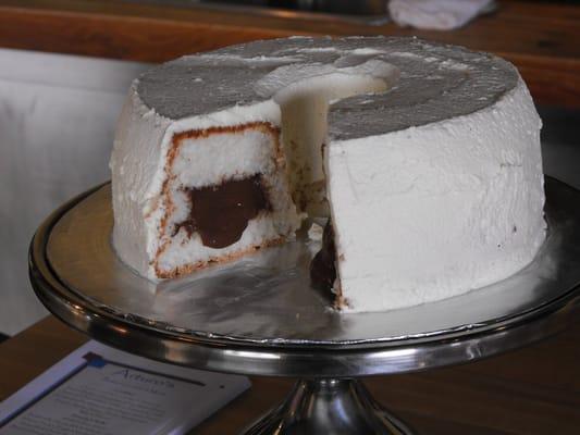 Angel Food Cake with chocolate pudding tunnel