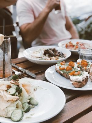 Homemade Ricotta Toast, Jalapeno Margarita, Summer Squash, Heirloom Tomato Salad