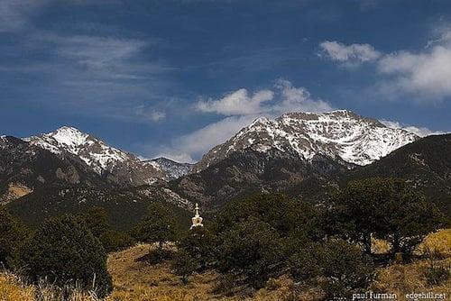 The Crestone Mountains of the Sangre de Christo range with Tibetan Stupa near Enchanted Forest Accommodations.