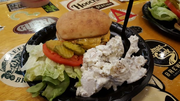 Bistro burger, with pimento cheese, and loaded potato salad.