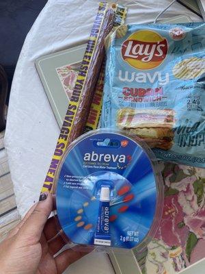 Abreva for cold sores, slim Jim on clearance, lays Cuban sandwich