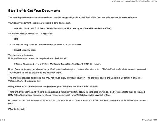 DMV checklist for getting a real ID or License.