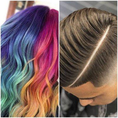 Fun rainbow of colors and a  men's fade with a hard part.