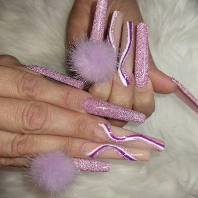 XL Coffin Nails With Perfect Nude Acrylic, Diamond Dream Flash Gel Polish, Nail Art & Puffs With Magnets.