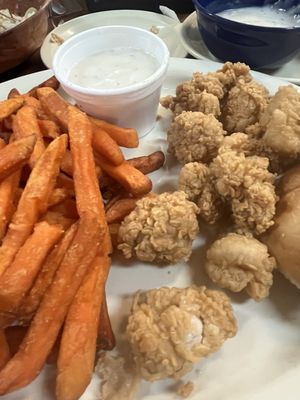 Sweet potato fries and sweetbreads