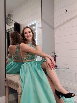 Sea foam 2-piece beaded and satin prom dress