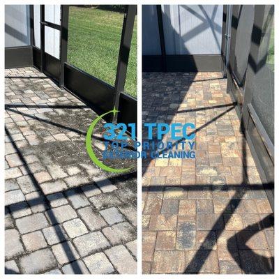 Pavers cleaning with pressure washing to remove built up organic growth