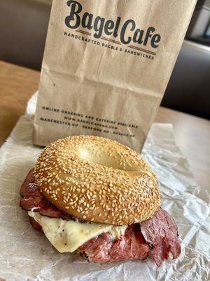 Grilled Pastrami, Swiss Cheese, Deli Mustard on Sesame Bagel