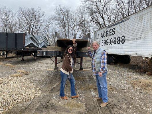 WF Beam weighing over 400 lbs per foot for million sqft warehouse; also in the photo:  Bill Mosher and operations manager Alyson Mosher