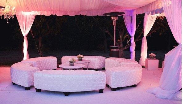 white lounge furniture rentals, tent rentals, lighting rentals