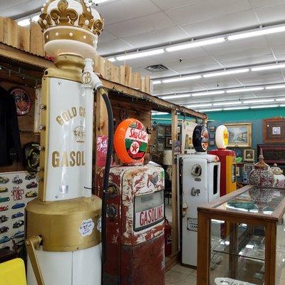 old time gas pumps near the entrance