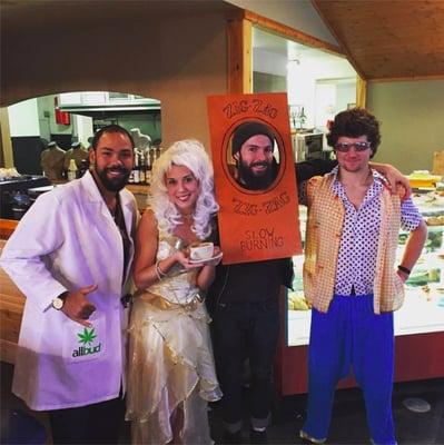 Ernest, Renae and Olas all in Pot-related Halloween gear.  Michael is just...Michael.