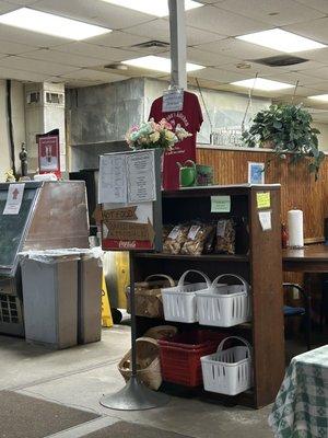 Order from the hot line on the left; browse produce and bakery items on the right