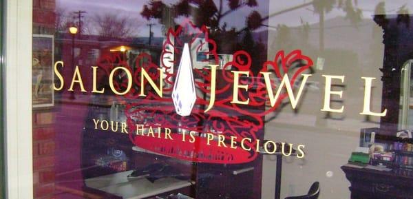 Salon Jewel hair salon in Ashland. These 3D window graphics are cheap to make but look great.