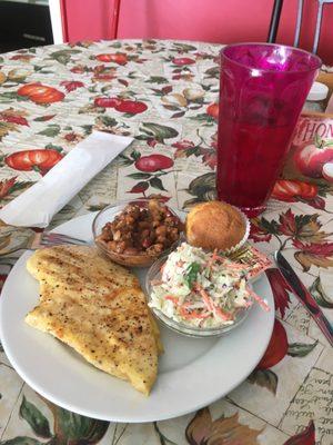 Grilled chicken, slaw, baked beans, cornbread muffin and some sweet tea.