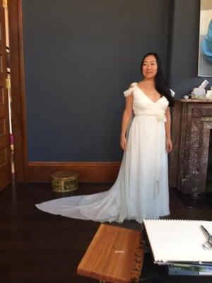 The dress was comfortable, light, and just what I envisioned.  Sophie Hallette French Lace, cotton bobbinet, and organza!