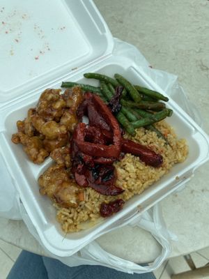 mango chicken, bbq pork, green beans, fried rice