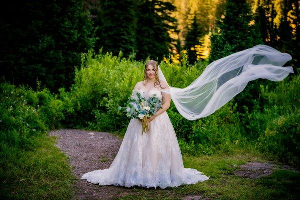 Wedding Shoot at Jordan Pines. Bride to be flowing in the wind surrounded by trees and shrubs.